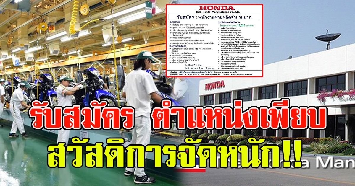 บริษัท ฮอนด้า เปิดรับสมัคร ตำแหน่งเพียบ สวัสดิการจัดเต็ม